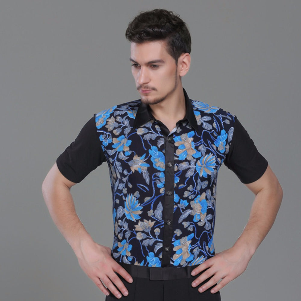 Male Latino Dancing Shirts 3 Colors Flower Print Short Sleeves