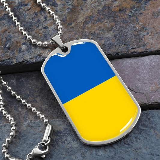 Stand for Ukraine. Military commemorative dog tag with Ukrainian flag.
