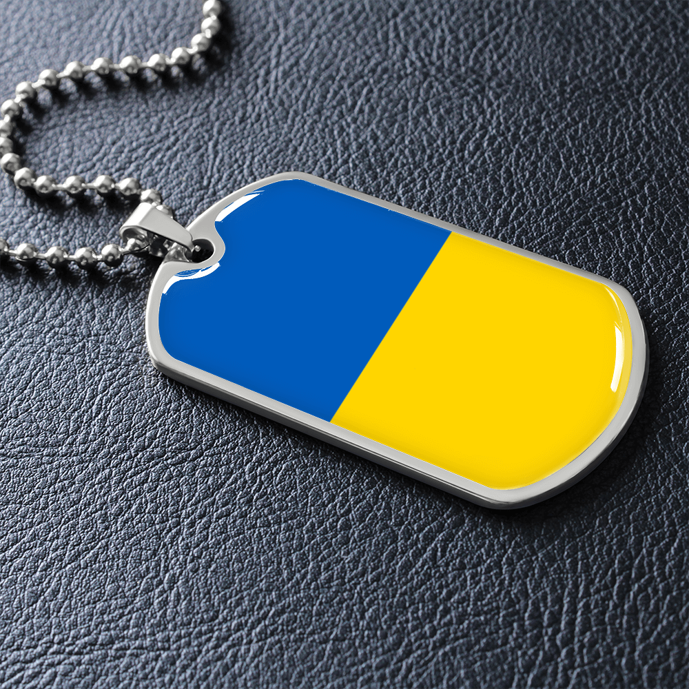 Stand for Ukraine. Military commemorative dog tag with Ukrainian flag.