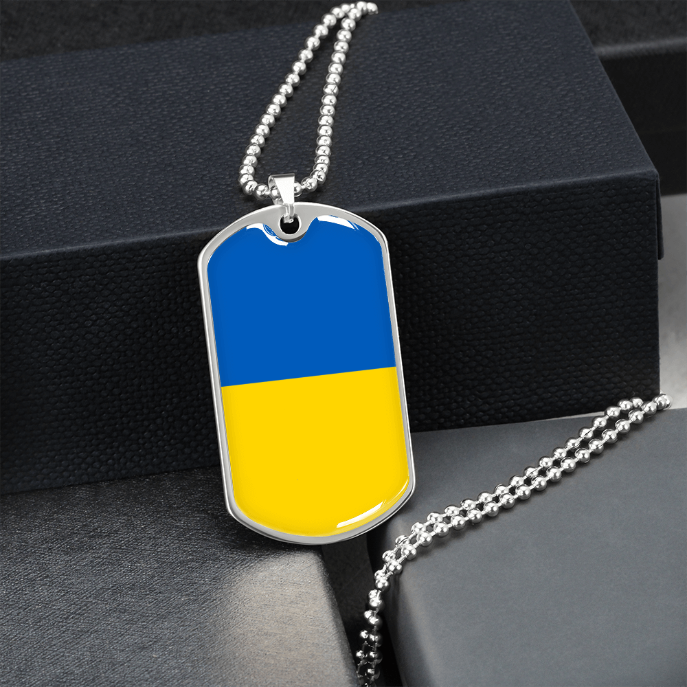Stand for Ukraine. Military commemorative dog tag with Ukrainian flag.
