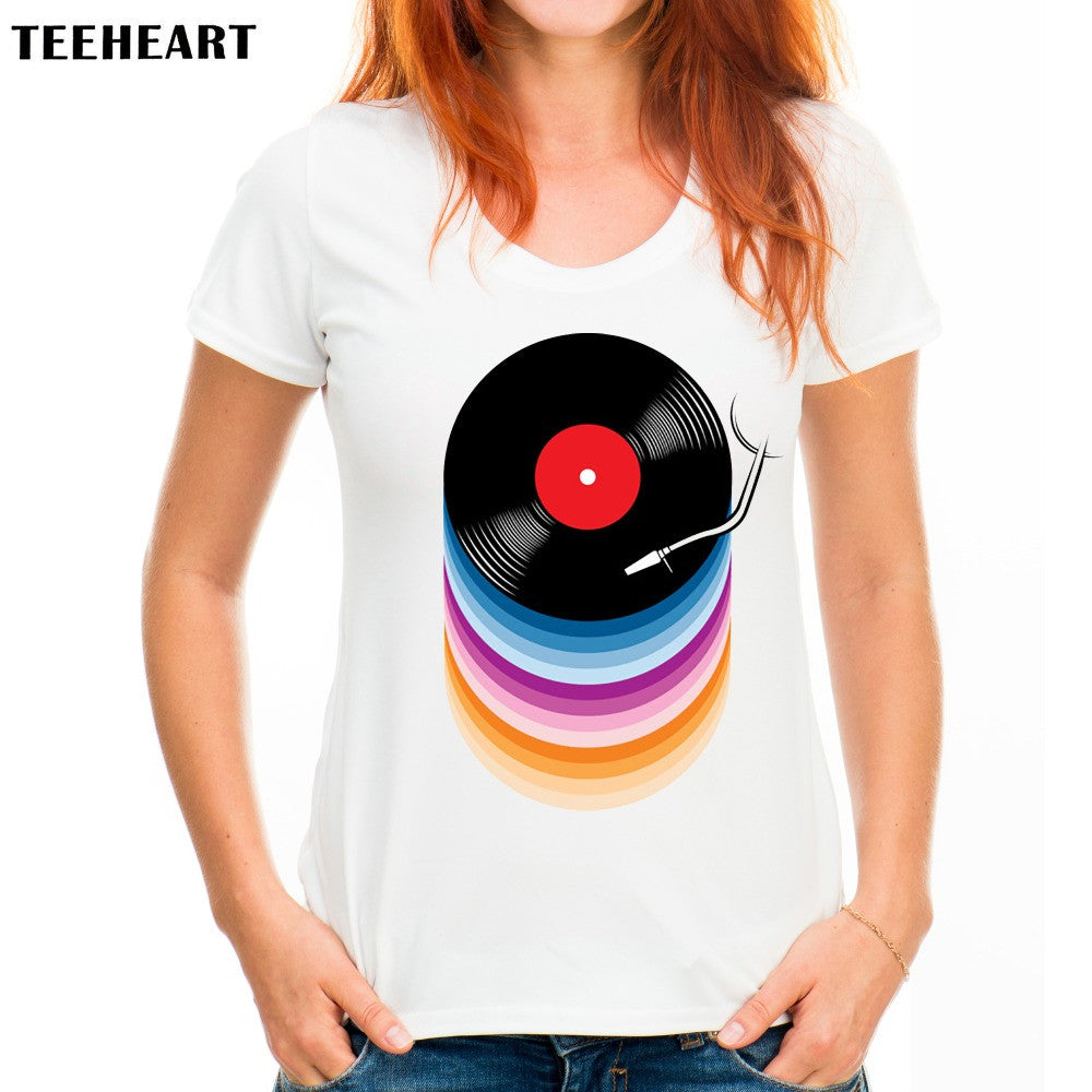 DJ Collection-TEEHEART  Women Summer Novelty Rainbow Colors Vinyl Records Design T shirt women fashion Tops Hipster Tee PX726 - World Salsa Championships
