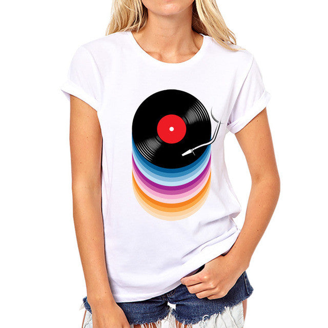 DJ Collection-TEEHEART  Women Summer Novelty Rainbow Colors Vinyl Records Design T shirt women fashion Tops Hipster Tee PX726 - World Salsa Championships