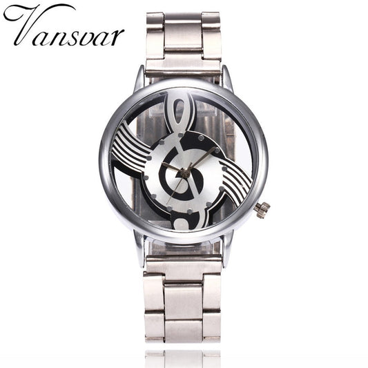 New Vansvar Brand Fashion Hollow Music Note Notation Watch Stainless Steel Quartz Wristwatch For Men Women Silver Mesh Watches - World Salsa Championships