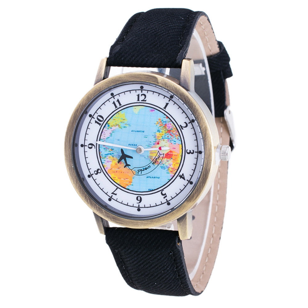 Fashion Women's World Map Cowboy Band Analog Quartz Wrist Watch - World Salsa Championships