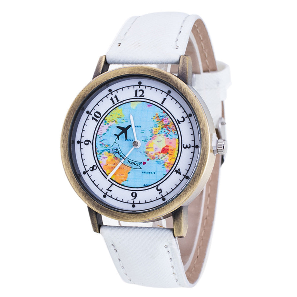 Fashion Women's World Map Cowboy Band Analog Quartz Wrist Watch - World Salsa Championships