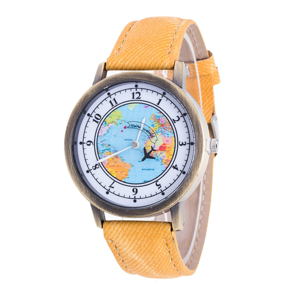 Fashion Women's World Map Cowboy Band Analog Quartz Wrist Watch - World Salsa Championships