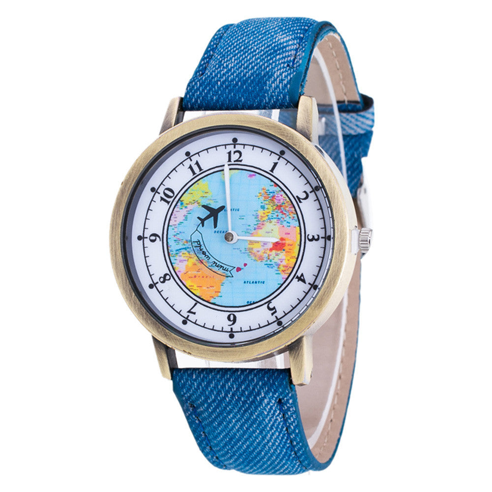 Fashion Women's World Map Cowboy Band Analog Quartz Wrist Watch - World Salsa Championships