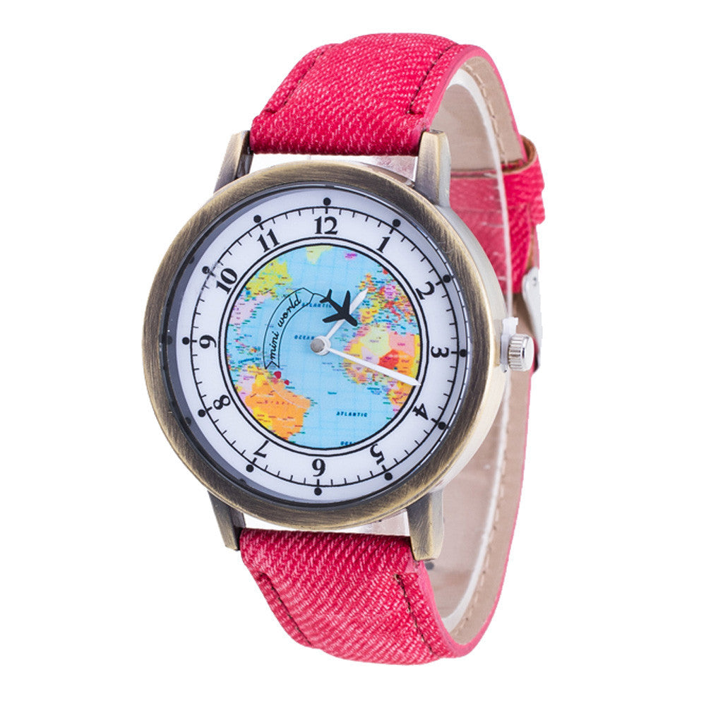 Fashion Women's World Map Cowboy Band Analog Quartz Wrist Watch - World Salsa Championships