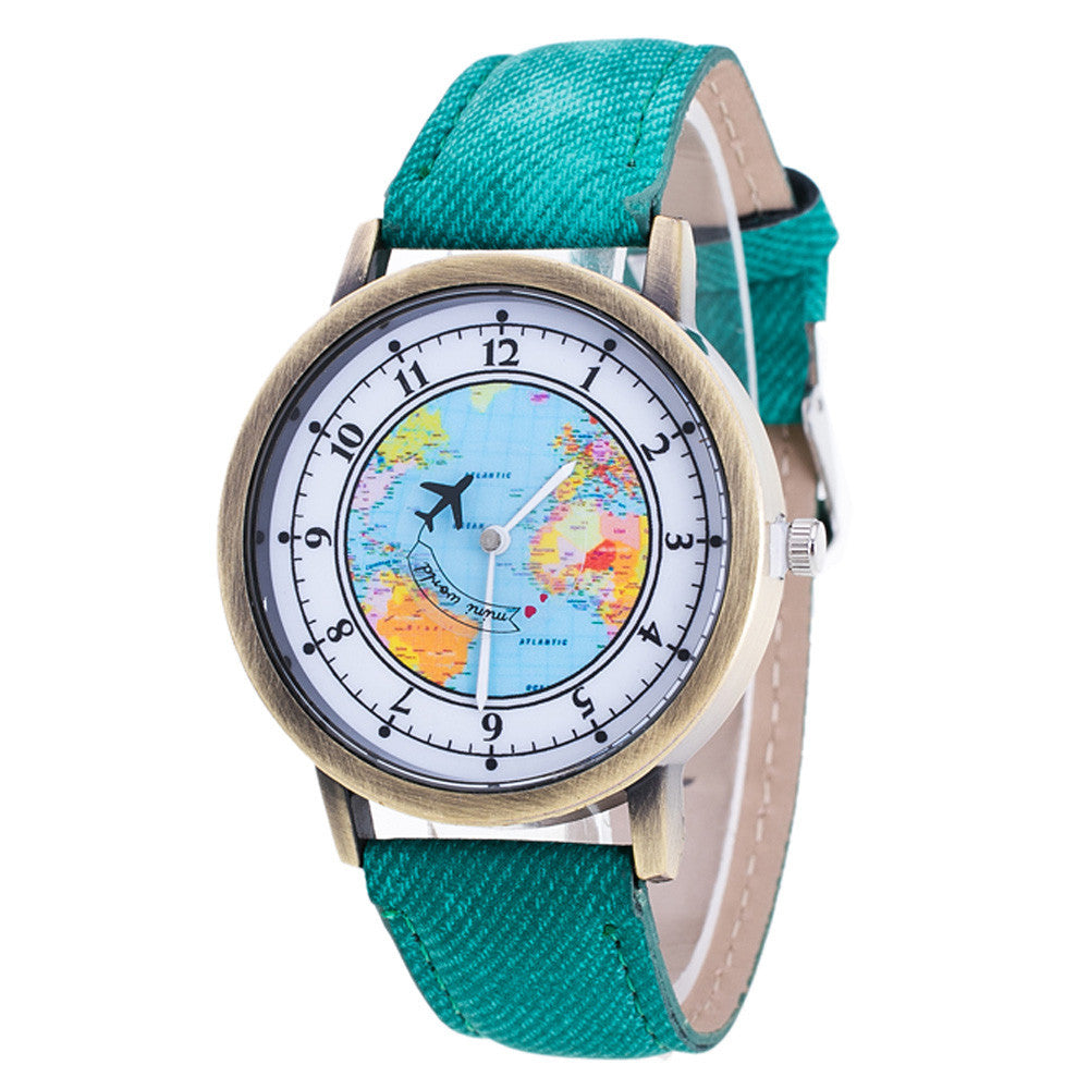 Fashion Women's World Map Cowboy Band Analog Quartz Wrist Watch - World Salsa Championships