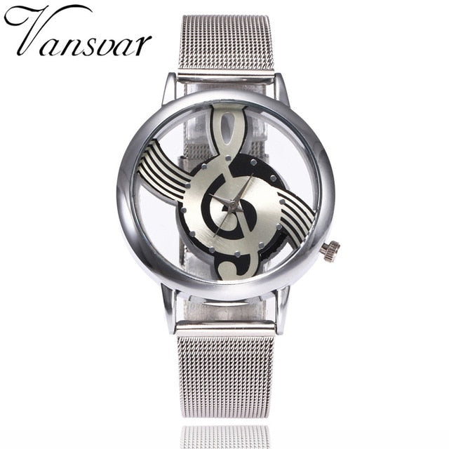 New Vansvar Brand Fashion Hollow Music Note Notation Watch Stainless Steel Quartz Wristwatch For Men Women Silver Mesh Watches - World Salsa Championships