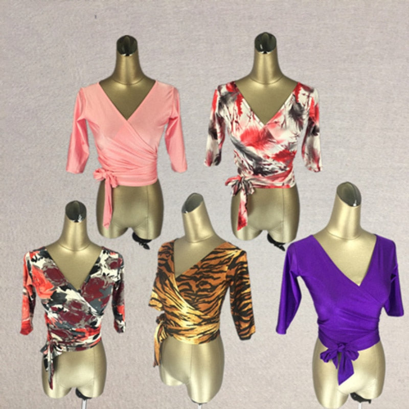 Latin Dance Shirts Women Printed Mid Sleeve Open Back Top V Neck Salsa Samba Costumes Clothing Lady Latin Practice Wear DN2342 - World Salsa Championships
