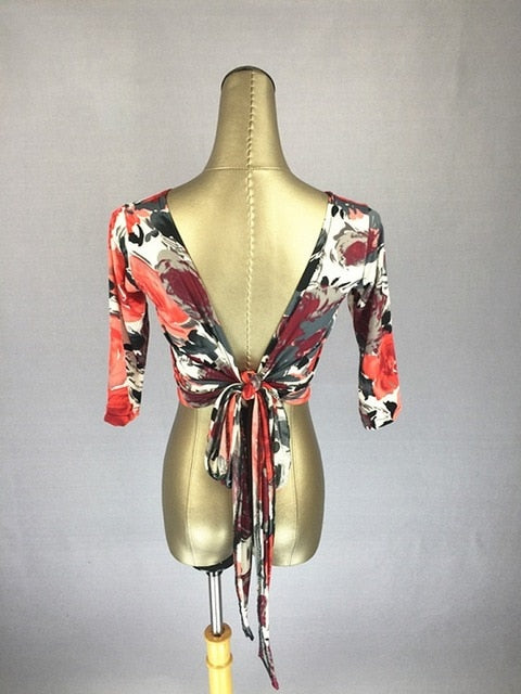Latin Dance Shirts Women Printed Mid Sleeve Open Back Top V Neck Salsa Samba Costumes Clothing Lady Latin Practice Wear DN2342 - World Salsa Championships