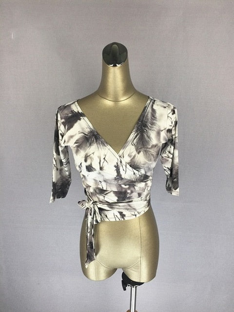 Latin Dance Shirts Women Printed Mid Sleeve Open Back Top V Neck Salsa Samba Costumes Clothing Lady Latin Practice Wear DN2342 - World Salsa Championships