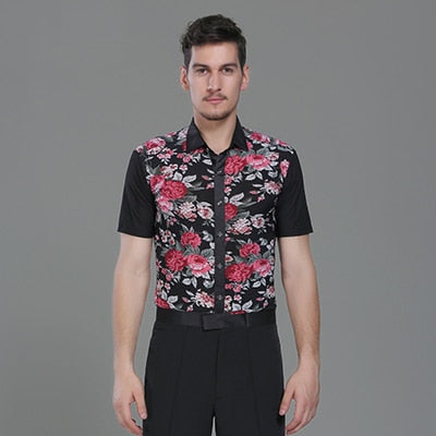 Male Latino Dancing Shirts 3 Colors Flower Print Short Sleeves Shirt  Chacha Salsa Professional Men Ballroom Dance Clothes 7040 - World Salsa Championships