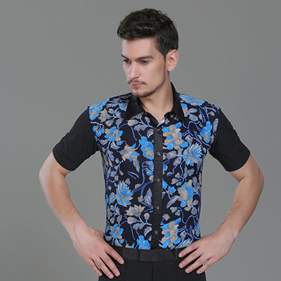 Male Latino Dancing Shirts 3 Colors Flower Print Short Sleeves Shirt  Chacha Salsa Professional Men Ballroom Dance Clothes 7040 - World Salsa Championships